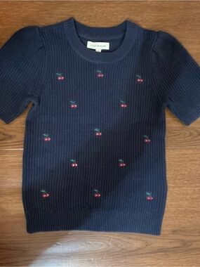 New with tag - Lucky Brand Navy Short-Sleeve Knit Sweater with Cherry Embroidery